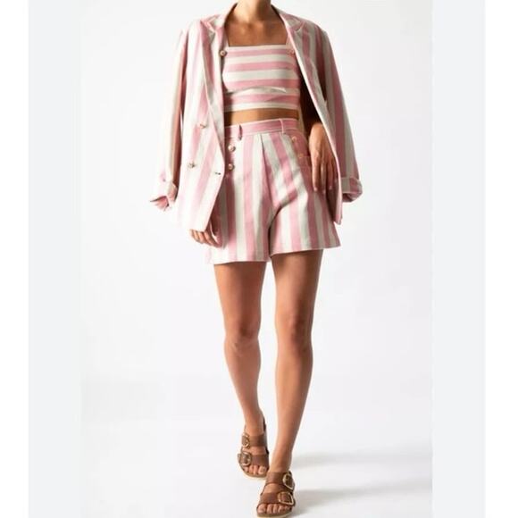 Miguelina Chiara Double-breasted Striped Cotton-twill Blazer In Pink - Picture 2 of 7